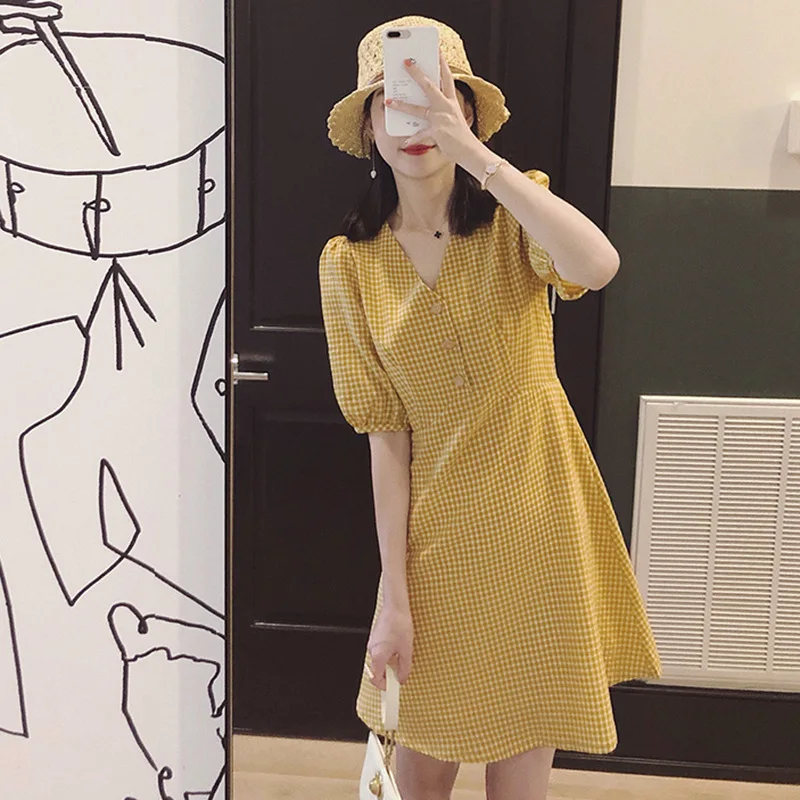 Cotton Linen Plaid Summer Dress Korean design Chic Women Casual Midi Dress