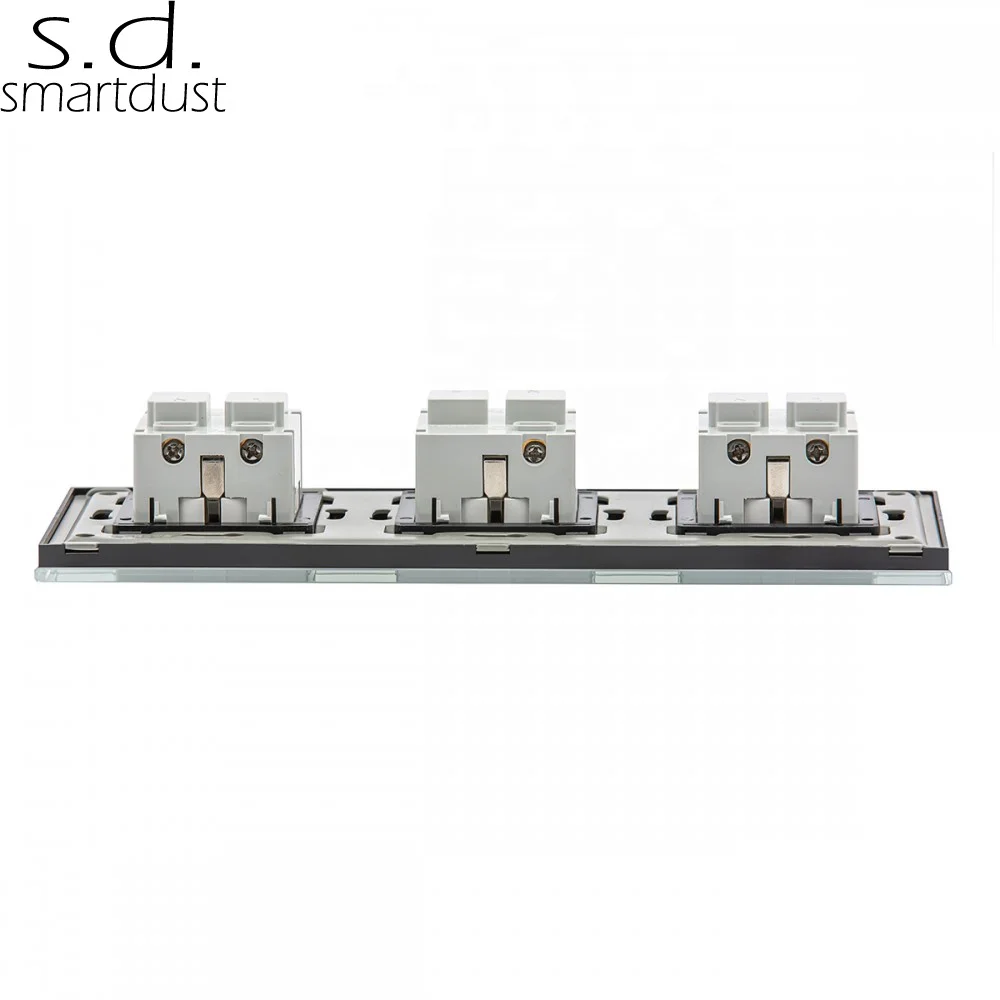 Smardust German Grounding EU Wall Outlets Luxury Glass Panel 3 Way Triple Wall Socket