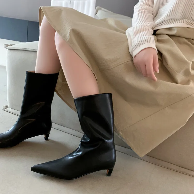 Xinzirain Wholesale Ladies Point Toe Winter Leather Real Leather 4.5cm Low Heel Women Mid Calf Boots