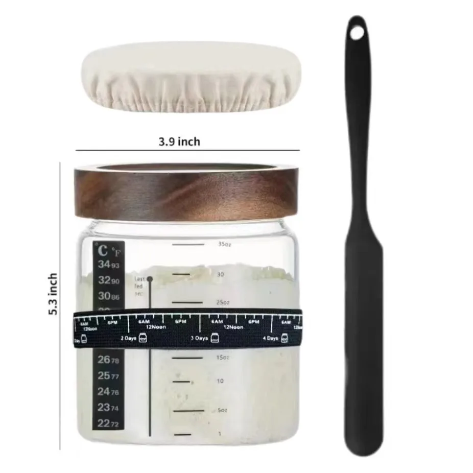 Sourdough Starter Jar 35OZ with Ounce Scale Line Date Marked Feeding Band Thermometer  Scraper Cloth Cover  Wood Lid Wide Mouth