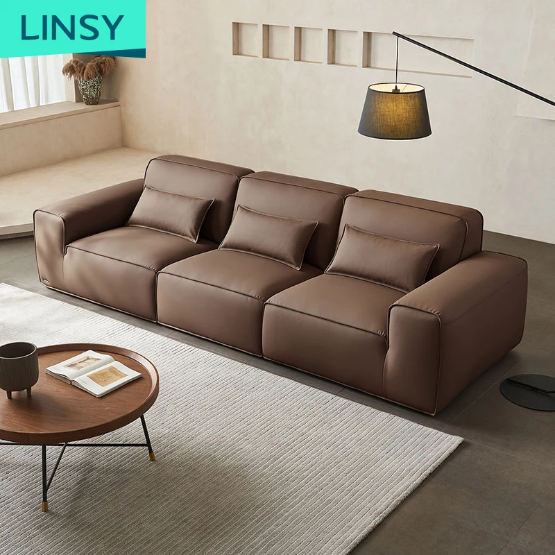 Linsy Luxury big black leather living room sofa furniture villa sofa Italian design sectional couches