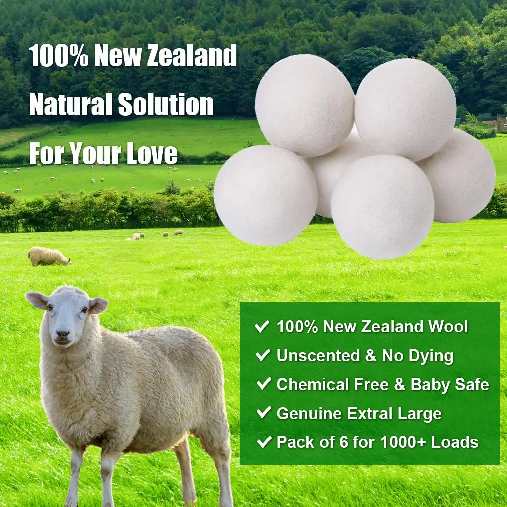 Wool Dryer Balls XL 6 Pack 100% New Zealand Wool Organic Fabric Softener Hypoallergenic Baby Safe & Unscented Wool Dryer Balls