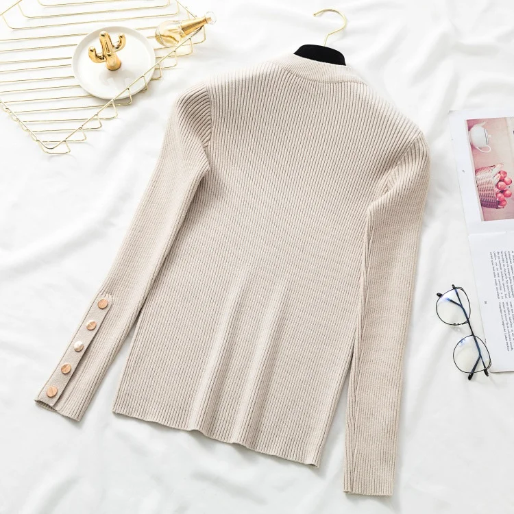 Winter Knitting Pullover Women O Neck Sweater Top Casual Basic Slim Knitwear Jumper Long Sleeve Rib Knit Button Girls Clothes