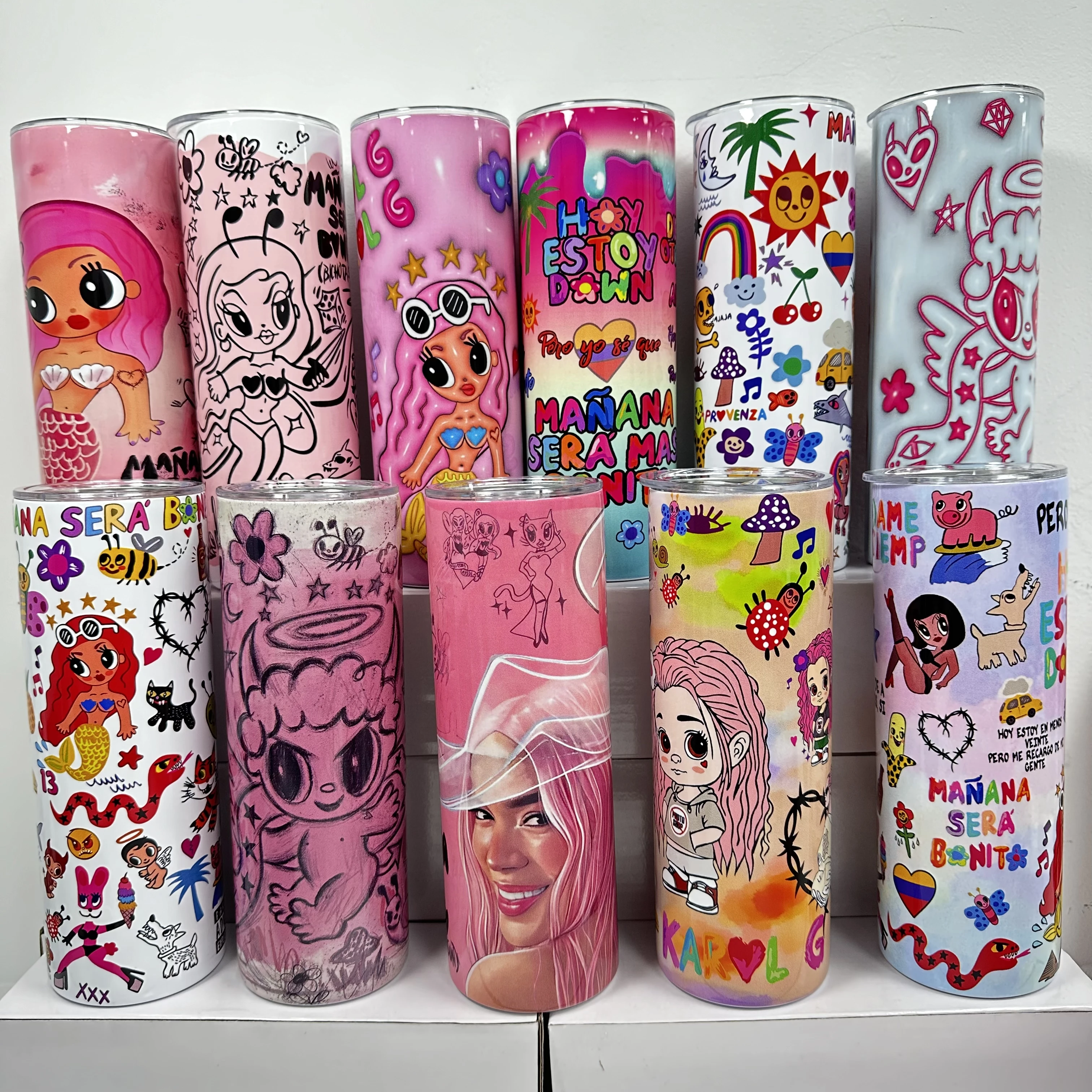 new arrival custom cute cartoon pink Karol g album designer 20oz skinny insulated coffee cups tumbler with lid and straw