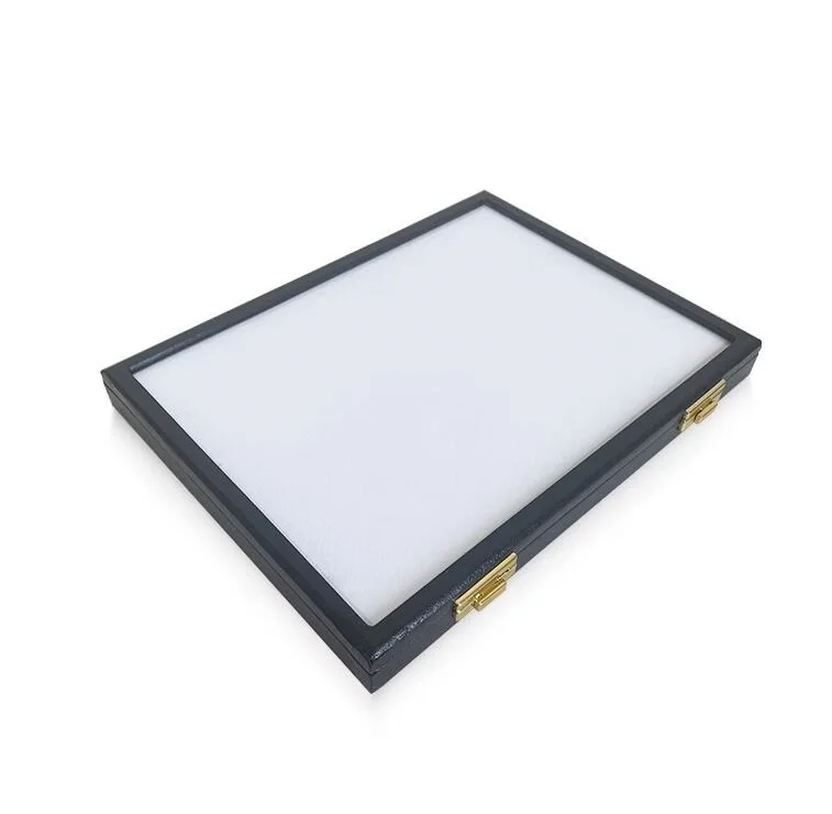 2023 New large capacity black patent leather glass box with lock transparent color treasure box skylight box color stone ring fa