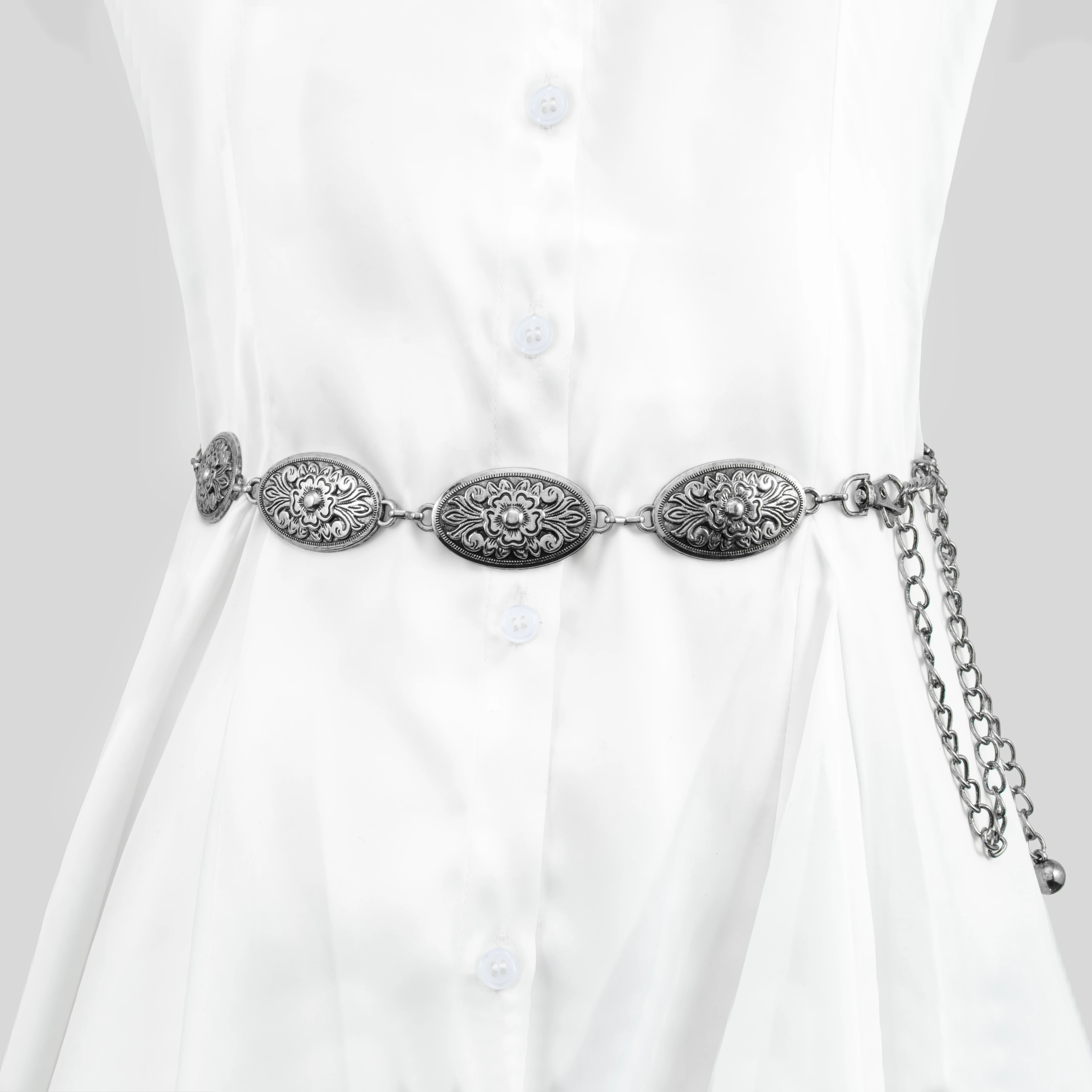 Women Western Chain Belt Adjustable Turquoise silver Metal Waist Chain Belt for Dresses