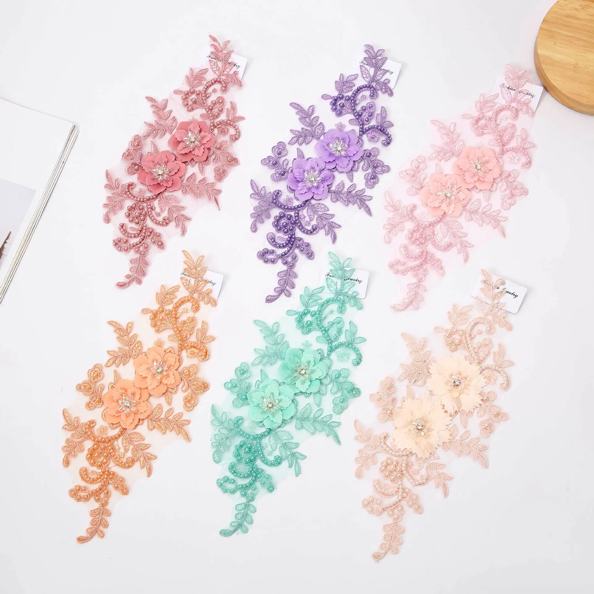 Pearl Beaded Embroidery Cording 3D Flower Sewing Lace Applique for Dress