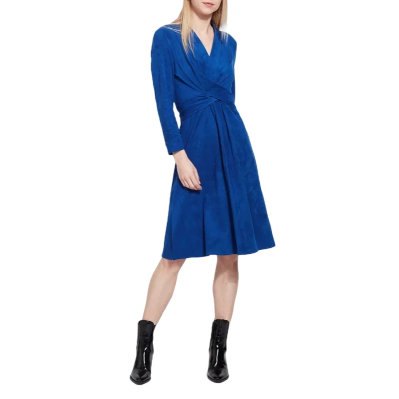 Custom Blue Knitted Lace-up Dress Summer Temperament V-neck Suede Elegant Long Skirt