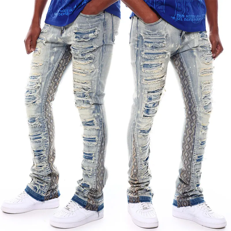 HL factory wholesale fashion street wear casual denim pants patterned patchwork jeans men distressed skinny jeans custom
