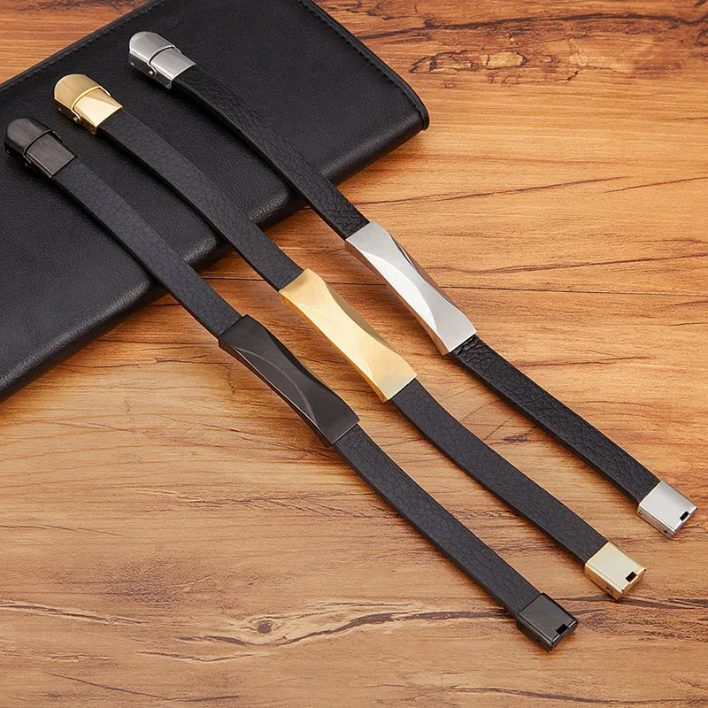 High Quality New Fashion Simple Style Geometry Stainless Steel Magnet Clasp Real Genuine Leather Bracelet For Men 2231