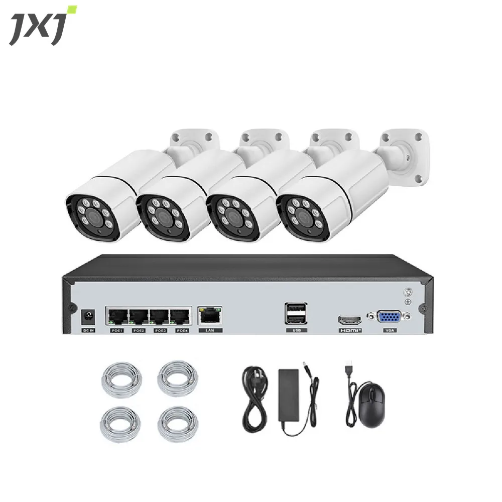 JXJ Manufacturer Outside Inside Waterproof 5MP HD 4CH Channels Smart Home Cctv 4 Bullet Camera Wall Outlets NVR Set Kit POE
