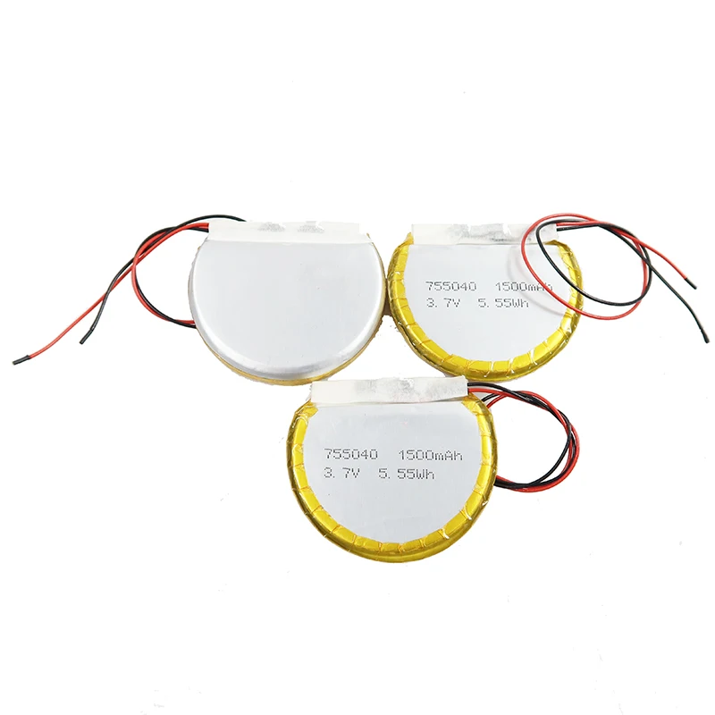 Customized 3.7V 1500mAh Round Rechargeable Lithium Polymer cell 755040 Polymer Battery with PCB and Wires