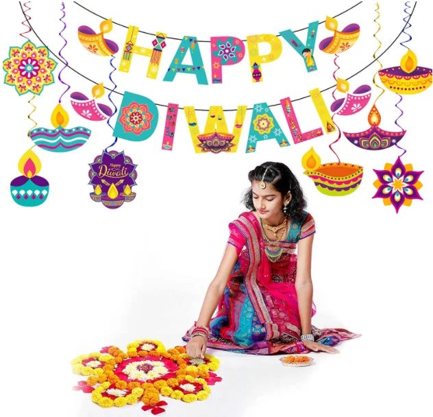 Happy Diwali Rangoli Diya Hindu Hanging Swirls Banners signs Flags garland for Deepavali Festival of Lights Party supplies decor
