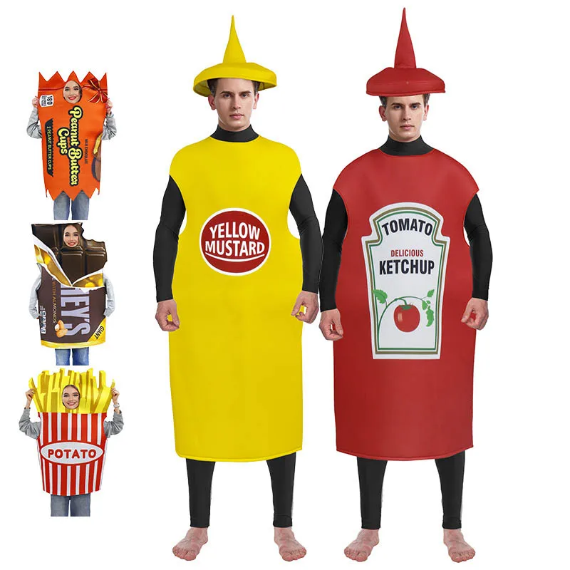 Halloween Adult Cosplay Mustard Ketchup Condiment Bottle Chocolate Fries Pizza Funny Dress for Carnival Role Play Stage Costumes