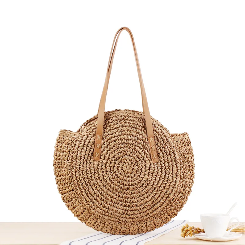 Drop Ship 2021 Fashion summer Palm Basket Bag Women Hand Woven Round Straw Bags Natural Oval Beach Bag Big Tote Circle Handbag