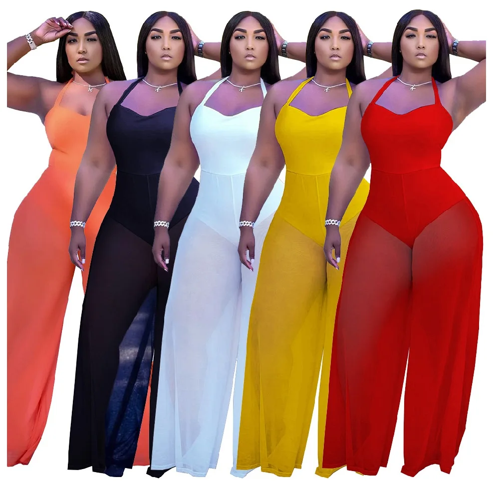 BA008 2021 Fashion pure color double fabric stitching band type hanging neck jumpsuit romper plus size women clothing