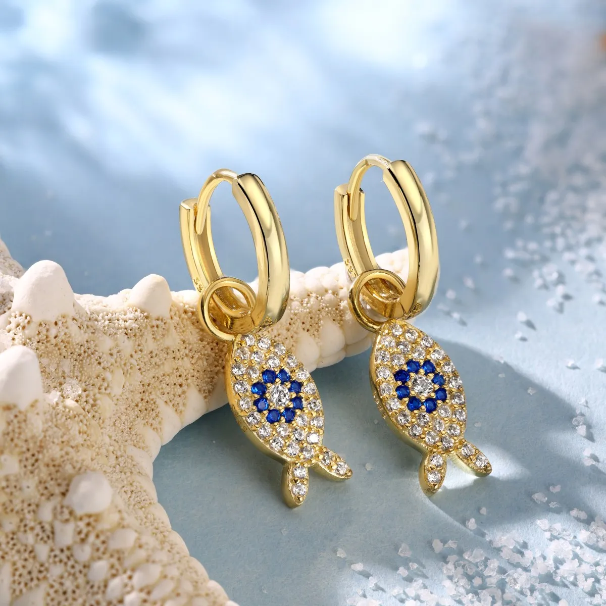 Dylam Turkish Sapphire Cz Cubic Zircon Stone Blue Eyes Fish Shape Dangle Earring 925 Sterling Silver Hoop Earrings For Women