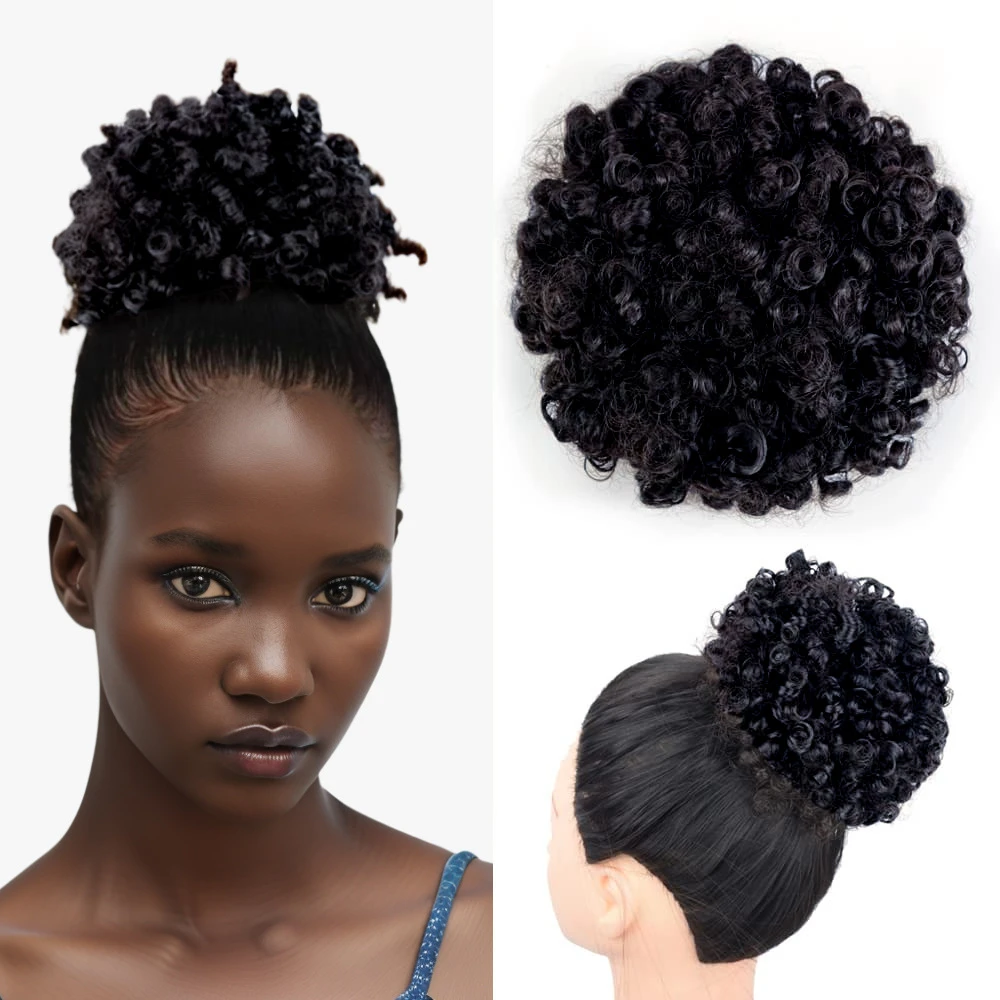 Synthetic Afro Puff Natural Black Drawstring Ponytail Hair 8 Inch Short Afro Kinkys Curly Afro Bun Extension Hairpieces