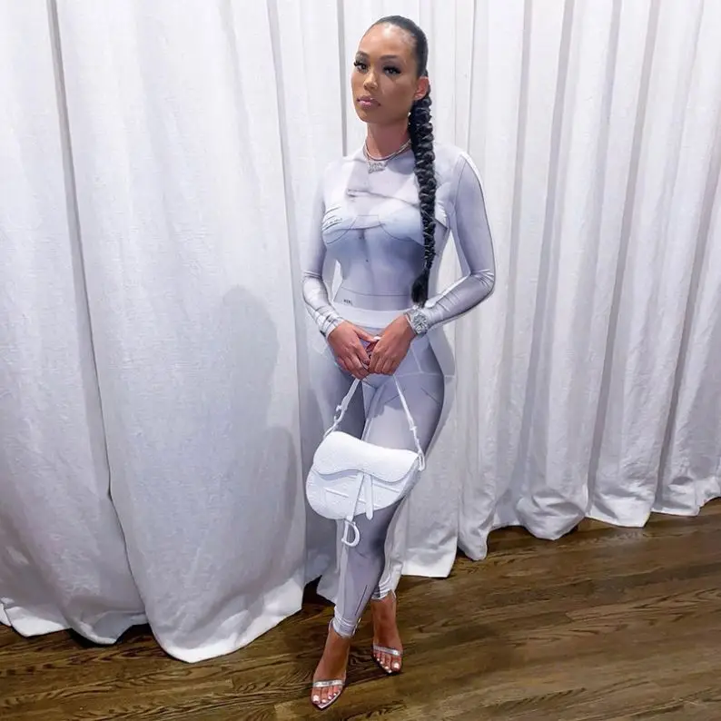 
Women Sexy Bodysuit Leggings Slim Streetwear Co-Ord Outfits Female Party Clubwear Cloth Print Color Match Two Piece Set W 