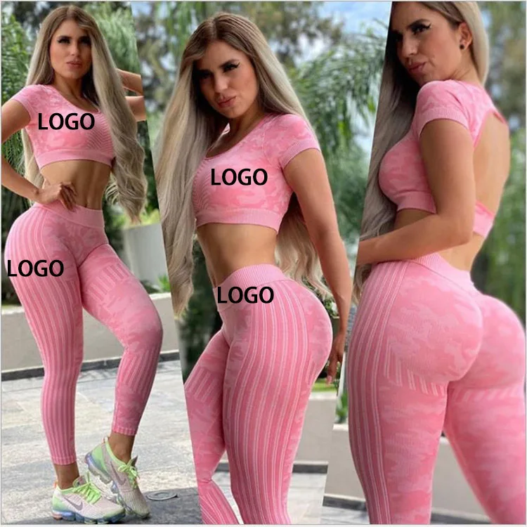 Seamless Sport Suit Women Fitness 2pcs Yoga Set Workout Clothes Gym Short Sleeve Crop Top High Waist Leggings Running Sportswear