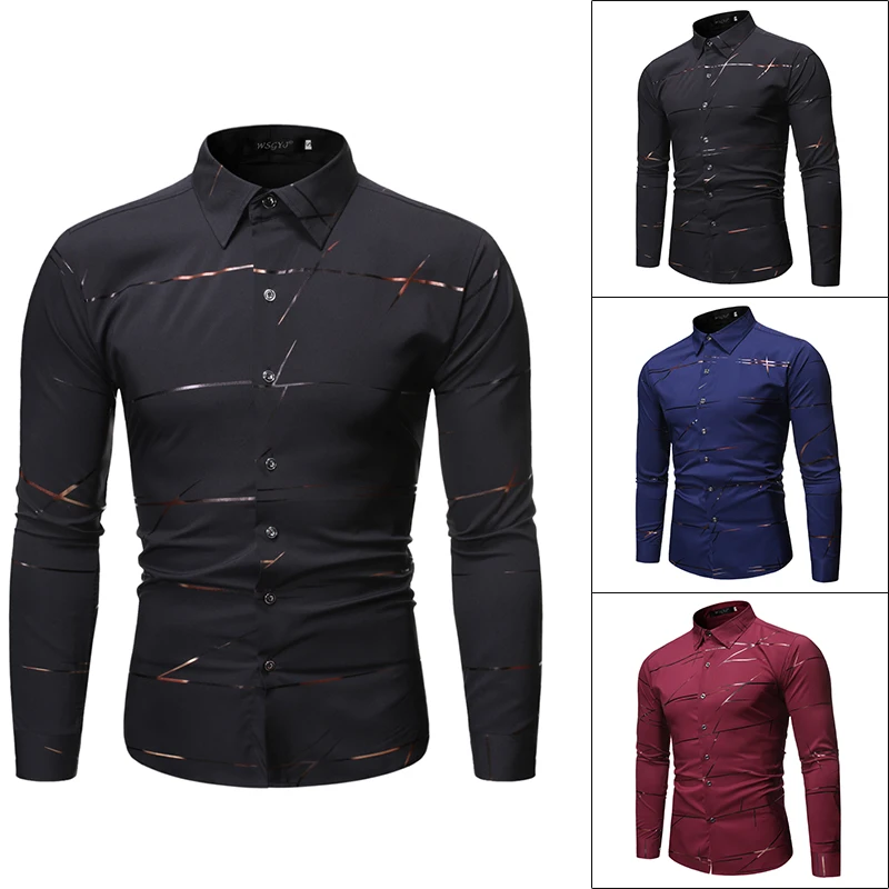 
2020 New Fashion Long Sleeve Shirt Solid Slim Fit Male Social Casual Business Red Wine Black Navy Dress Shirt 