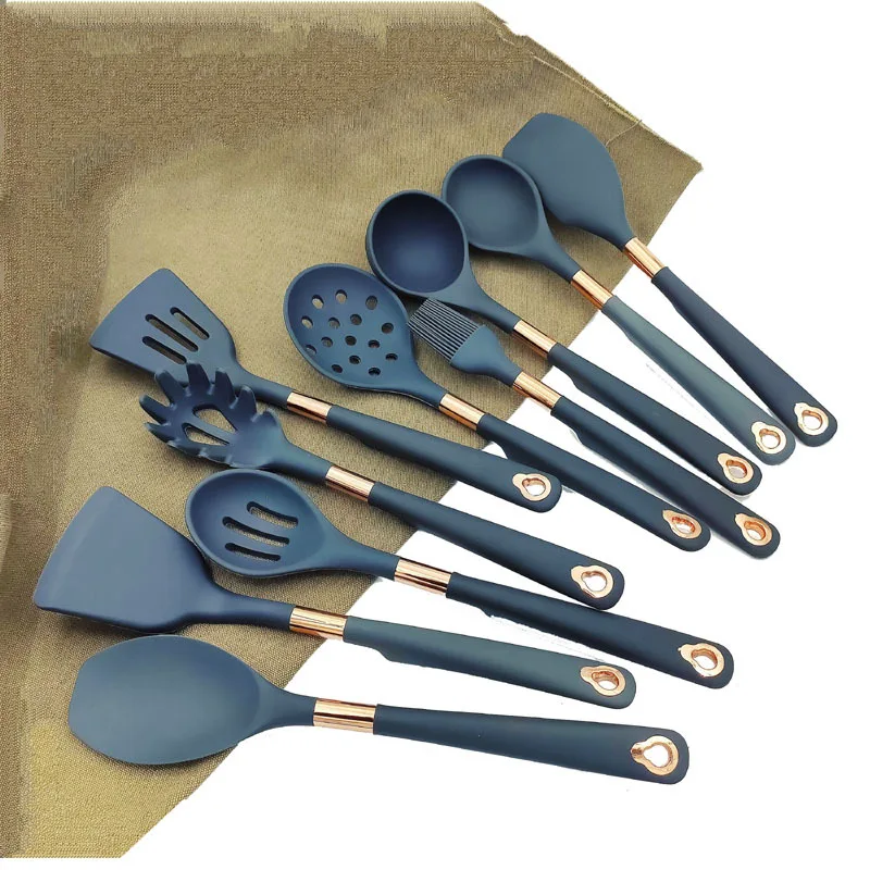 Kitchen Mate Modern Simple Soup Spoon Spatula Scraper 11 Pieces Silicone Cooking Utensil Set with storage bucket