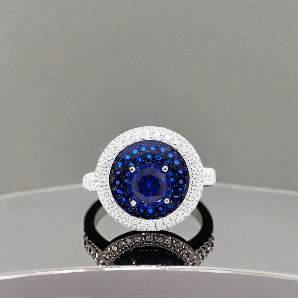 Luxury 925 Sterling Silver Party Ring with Blue Synthetic Zircon 18K Enamel Brilliant Cut Diamond CNAS Certified Anniversary