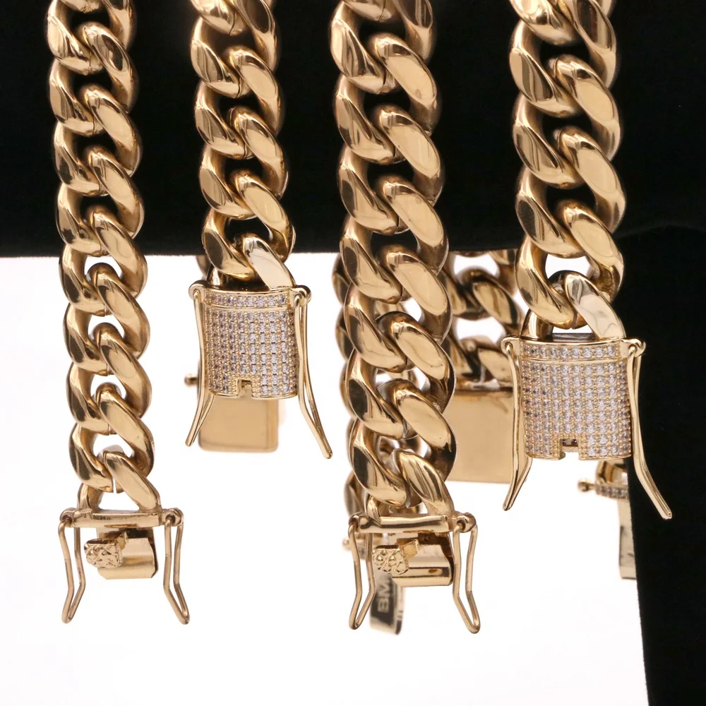 14mm 24inch Thickness Factory Price 14K PVD Gold Cuban Link Chain, Stainless Steel Cuban Link Chain