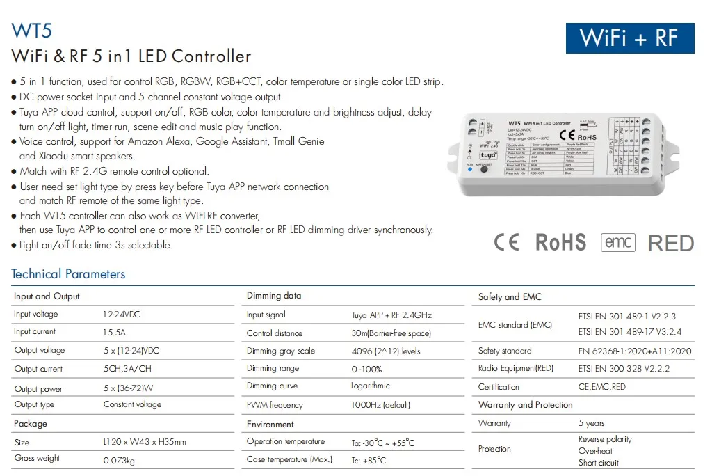 Tuya WiFi RF 5 1 светодиодный контроллер WT5 2 4G стеклянная Сенсорная панель Пульт дистанционного управления диммер CCT RGB RGBW RGBCCT полоска света совместим с TW5