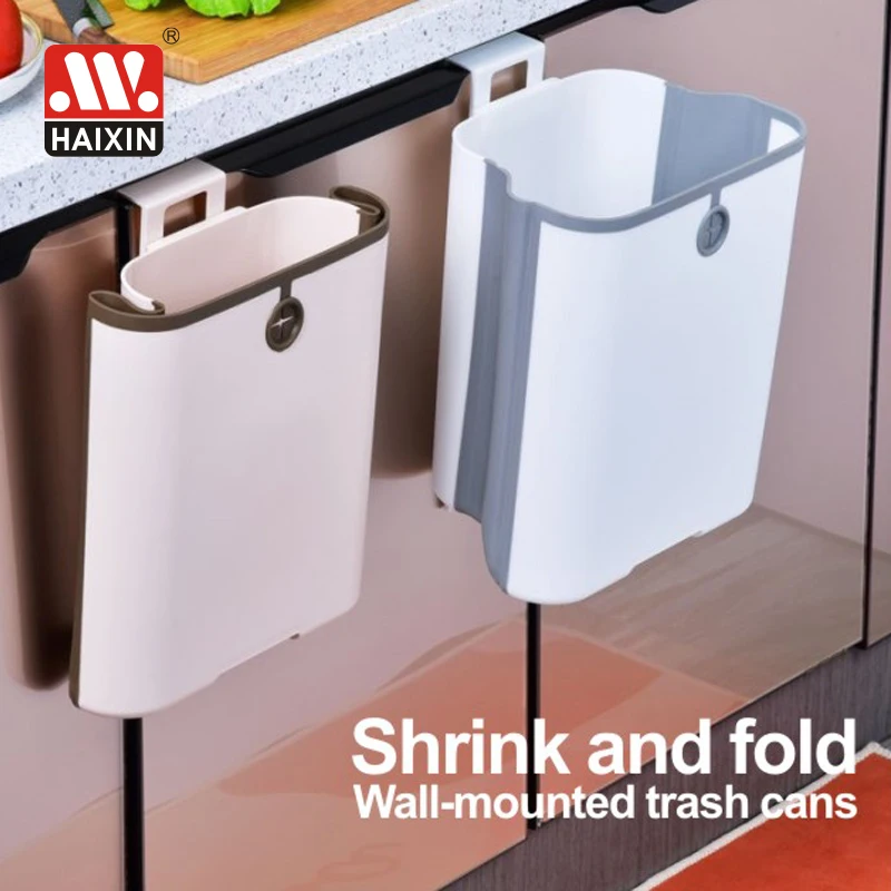 Kitchen gadgets car small storage hanging foldable wall mount garbage trash can food dustbin recycle plastic waste bin
