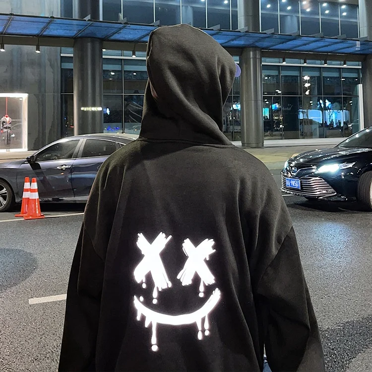 JY040 Loose large size hooded Smiley reflective men graphic hoodies  plus velvet thick streetwear hoodie