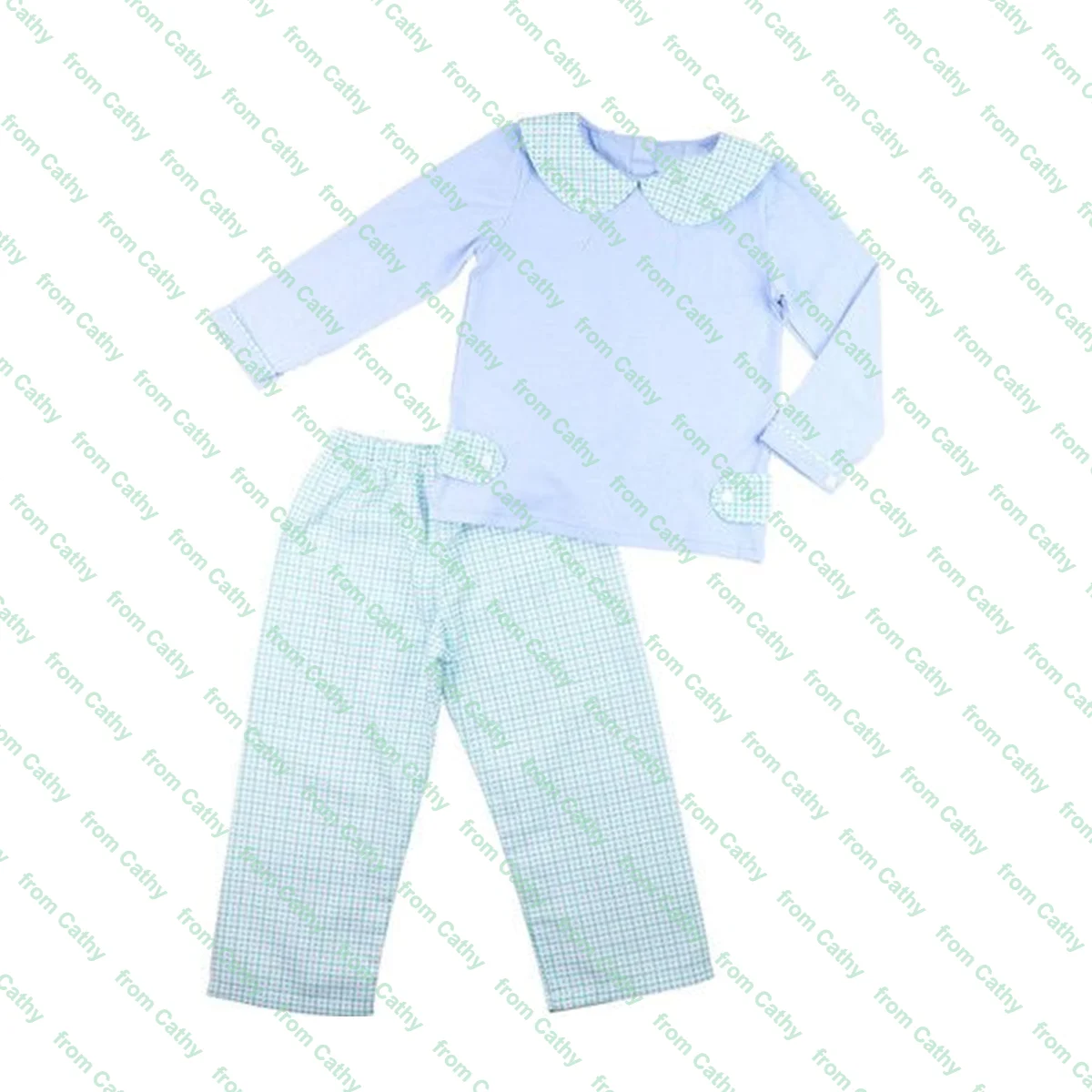 Peter pan collar baby boy pant set long sleeve monogram cotton white shirt with buckle and long pant clothes set for kids boys
