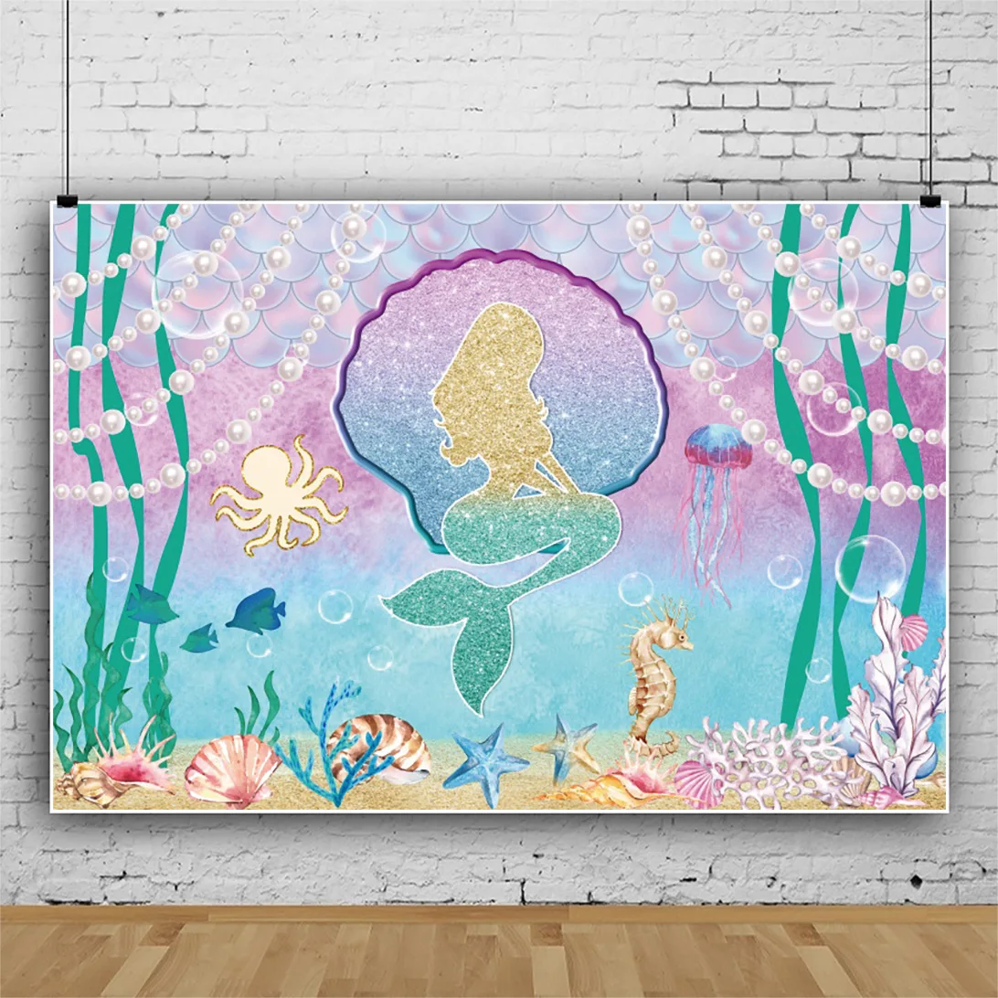 7x5ft Mermaid Under The Sea Photography Backdrop Props Ocean Purple and Teal Girl One Birthday Party Decoration Starfish Shell