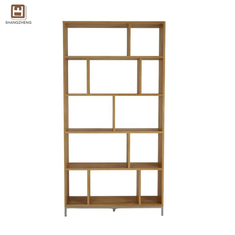 Modern Style Dark Wood Bookcase With Vertical And Horizontal Shelves Stable Metal Base