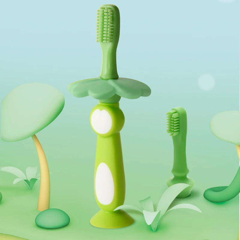 LULA Beauty 2021 Baby Suction Base Infant Toddler Soft Bristle Toothbrush Silicone Training Teether Green