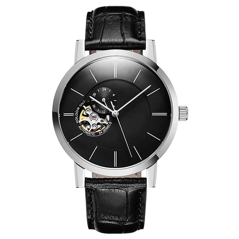 Custom cow leather strap 24 hours show skeleton leisure men mechanical automatic watch