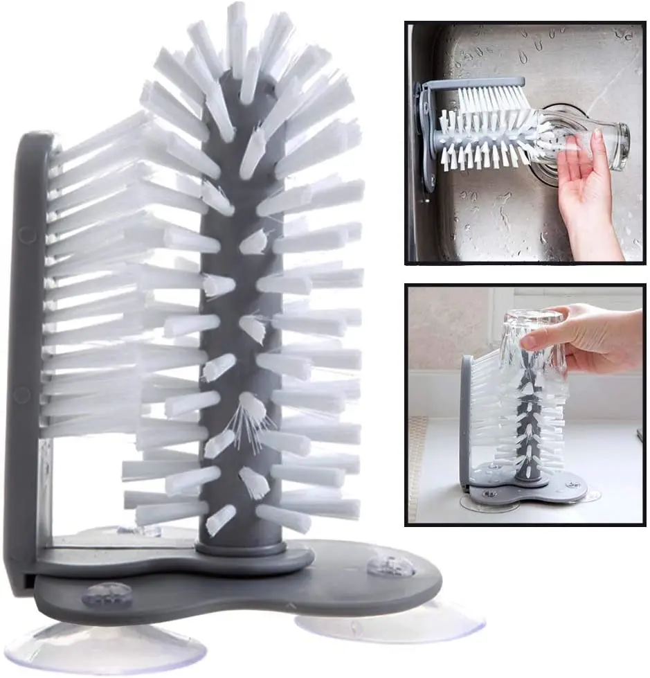 Water Bottle Cleaning Brush Glass Cup Washer with Suction Base Bristle Brush for Beer Cup, Long Leg Cup, Red Wine Glass