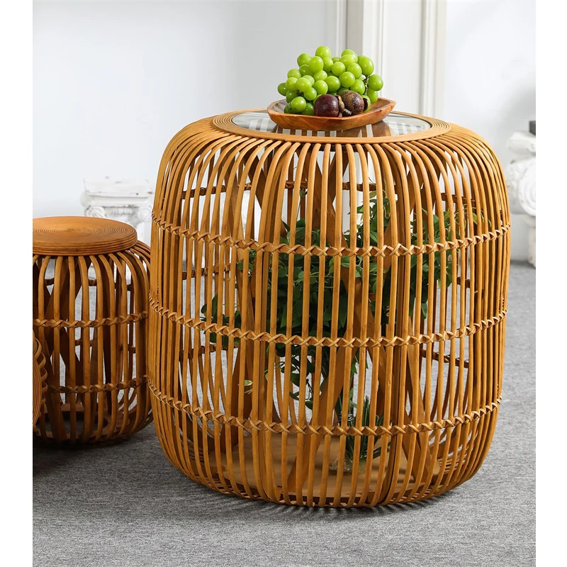 INNOVA french country indoor restaurant furniture round natural bamboo rattan coffee end table with glass top