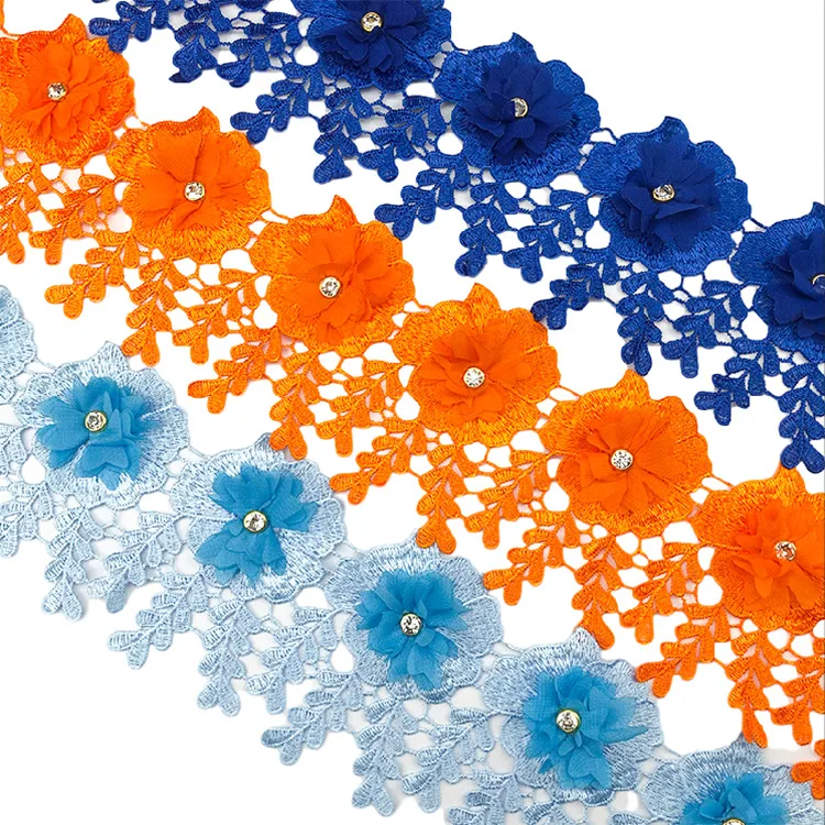 LS727 Embroidery Water-soluble Lace Trim 3d Flower Chiffon Beaded Lace Trimming With Rhinestone Decorative Lace For Clothes
