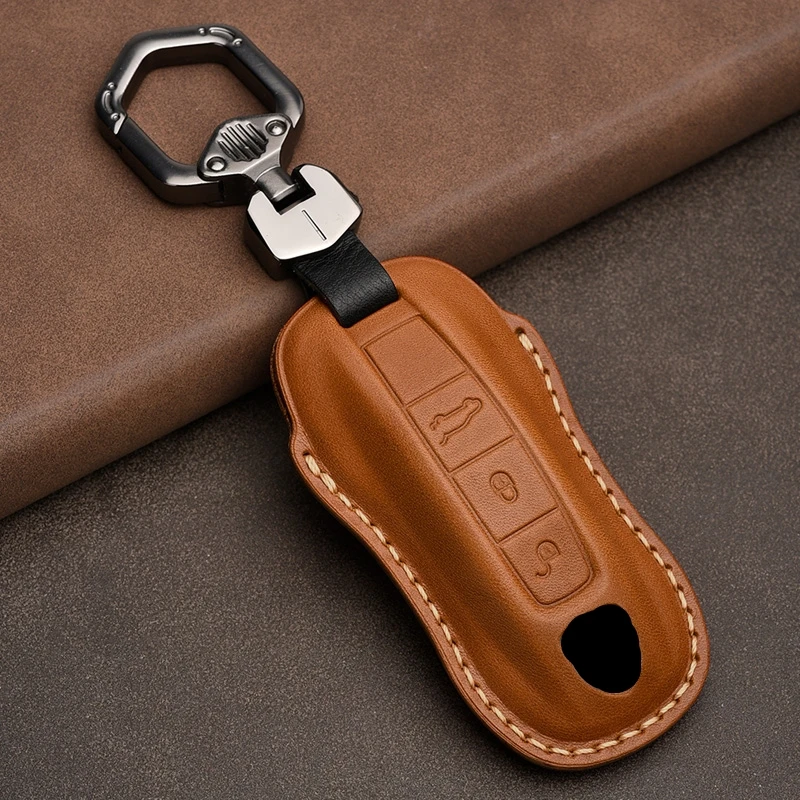 Leather Car Key Case Cover Porsche 971 Panamera Cayenne 911 9YA Macan Boxster 3 Buttons Keyless Remote Made Silicon Zinc Alloy