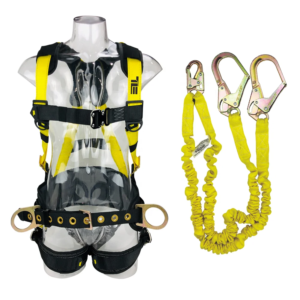 
Full body safety harness & shock absorbing double lanyard big hooks safety belt for electrician 