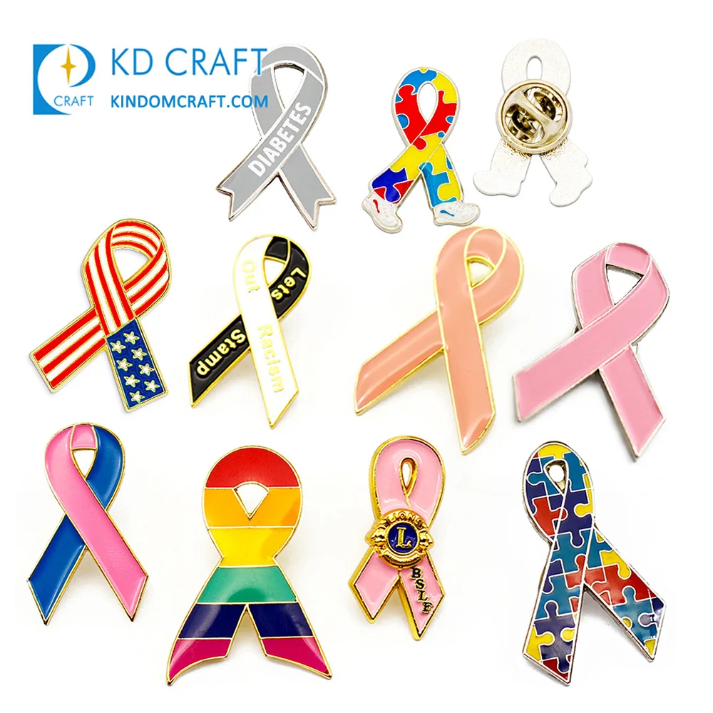 Manufacturer metal enamel epoxy pink ribbon custom brooch pin badge colorful autism diabetes awareness breast cancer pin