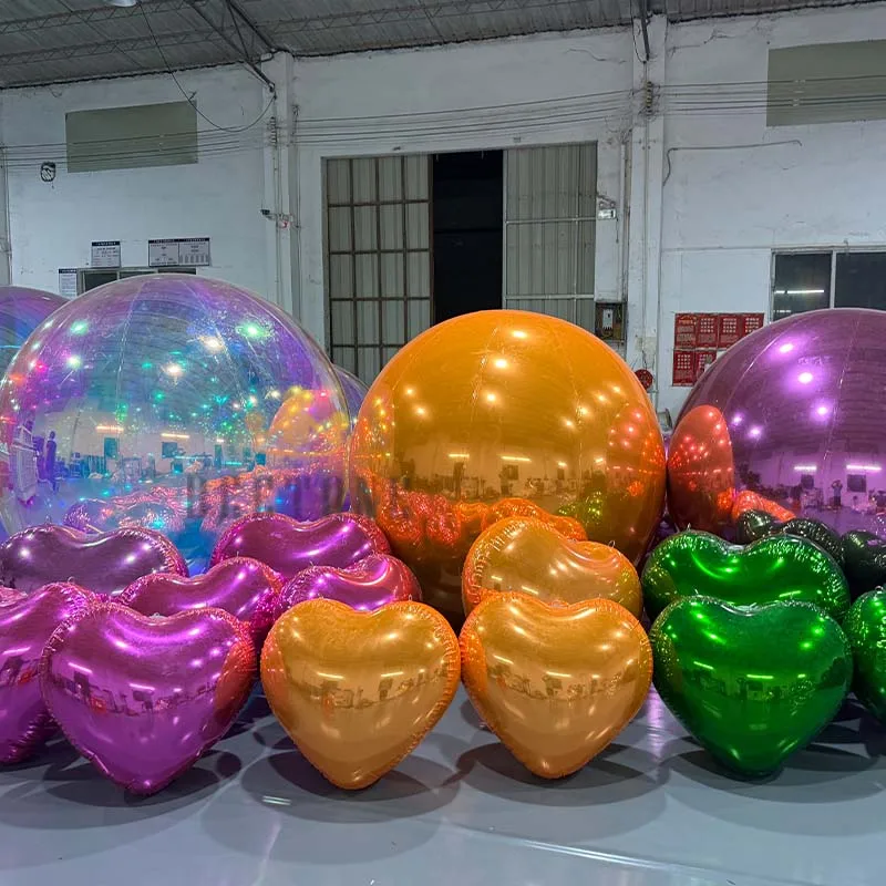 Romantic Valentine Red Pink Shiny PVC Mirror Ball Inflatable Heart-Shaped Mirror Balloon Inflatable Heart Mirror Sphere