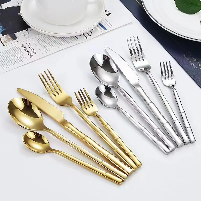 High Quality 5Pcs Bulk Bamboo Shape Handle 18/10 Stainless Steel Silverware Flatware Set Reusable Gold Cutlery Set