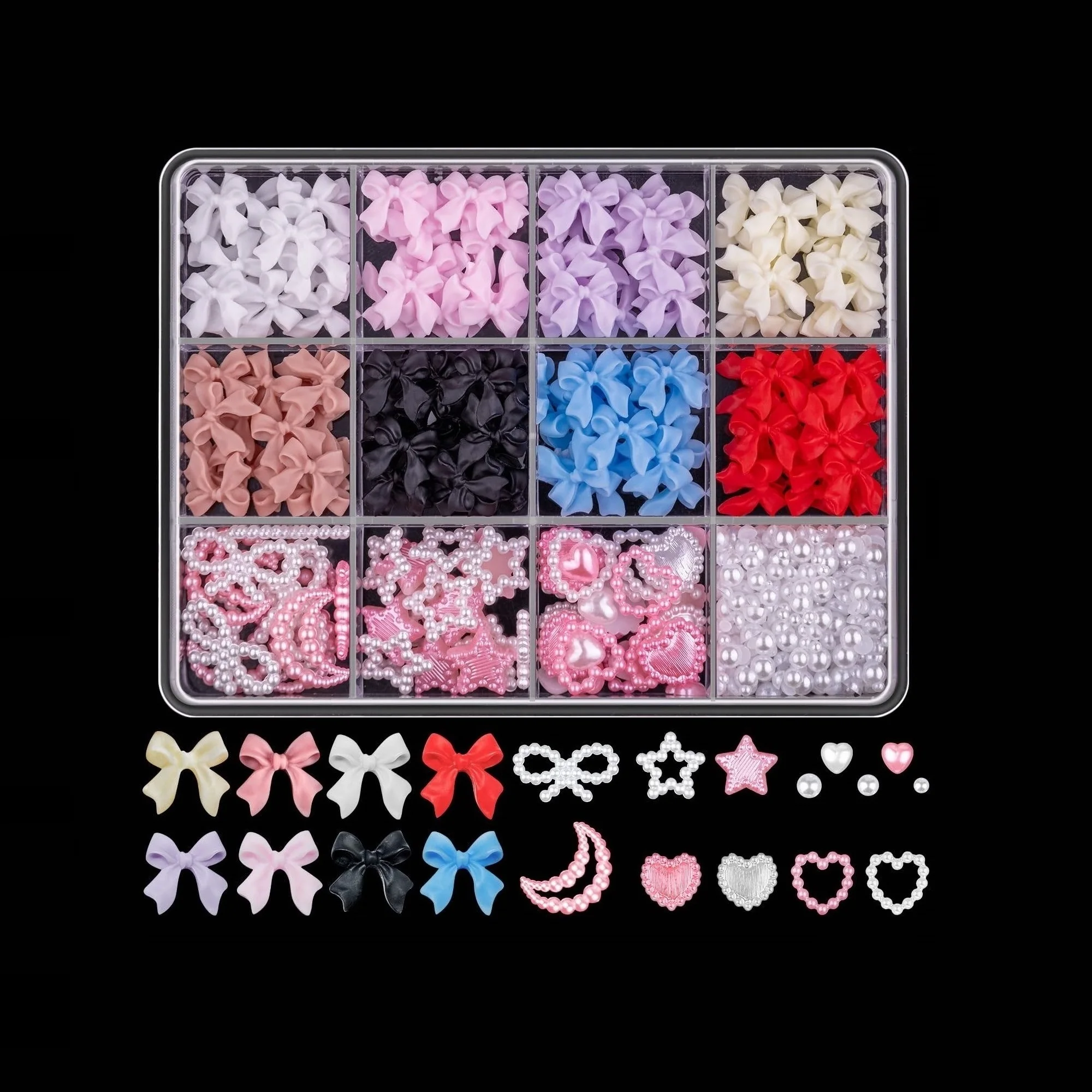 12 Grid Resin Bow Ribbon Multi-color Heart Star Bow Moon Mixed Nail Pearl Accessories Decoration Set