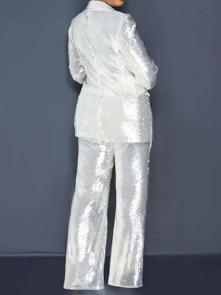 New Arrivals Ladies Fashion Sequins Elegant Solid Color Suits Two Piece Sets Long Blazer And Pants Set Business Suits For Women