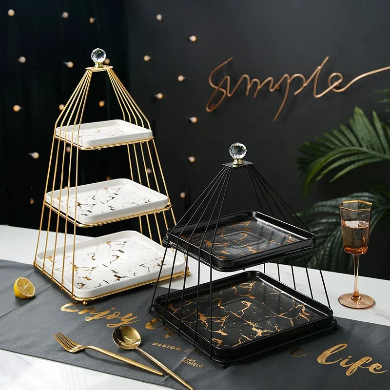 Modern simple multi-layer fruit plate marble pattern ceramic square plate display stand