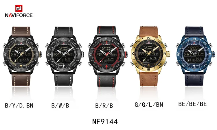 NAVIFORCE 9144 Bebe Casual Creativity Sport Watches LED Digital & Quartz Men 2019 Alloy Genuine Leather Round Buckle 44mm