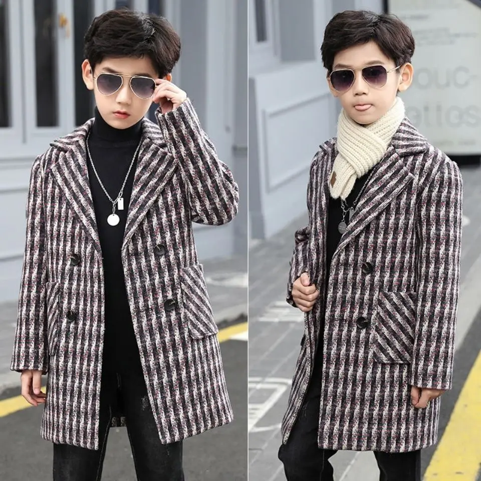 Boys Clothes Autumn Winter Cashmere Children Double-breasted Baby Boy Trench Lapel Woolen Outerwear Coats