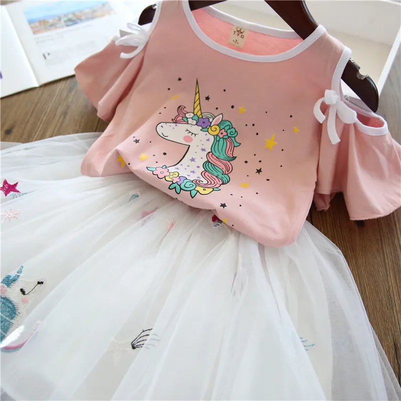 2019 summer hot selling cartoon lace skirt set unicorn baby new fashion 4 year old girls cheap clothes for girl